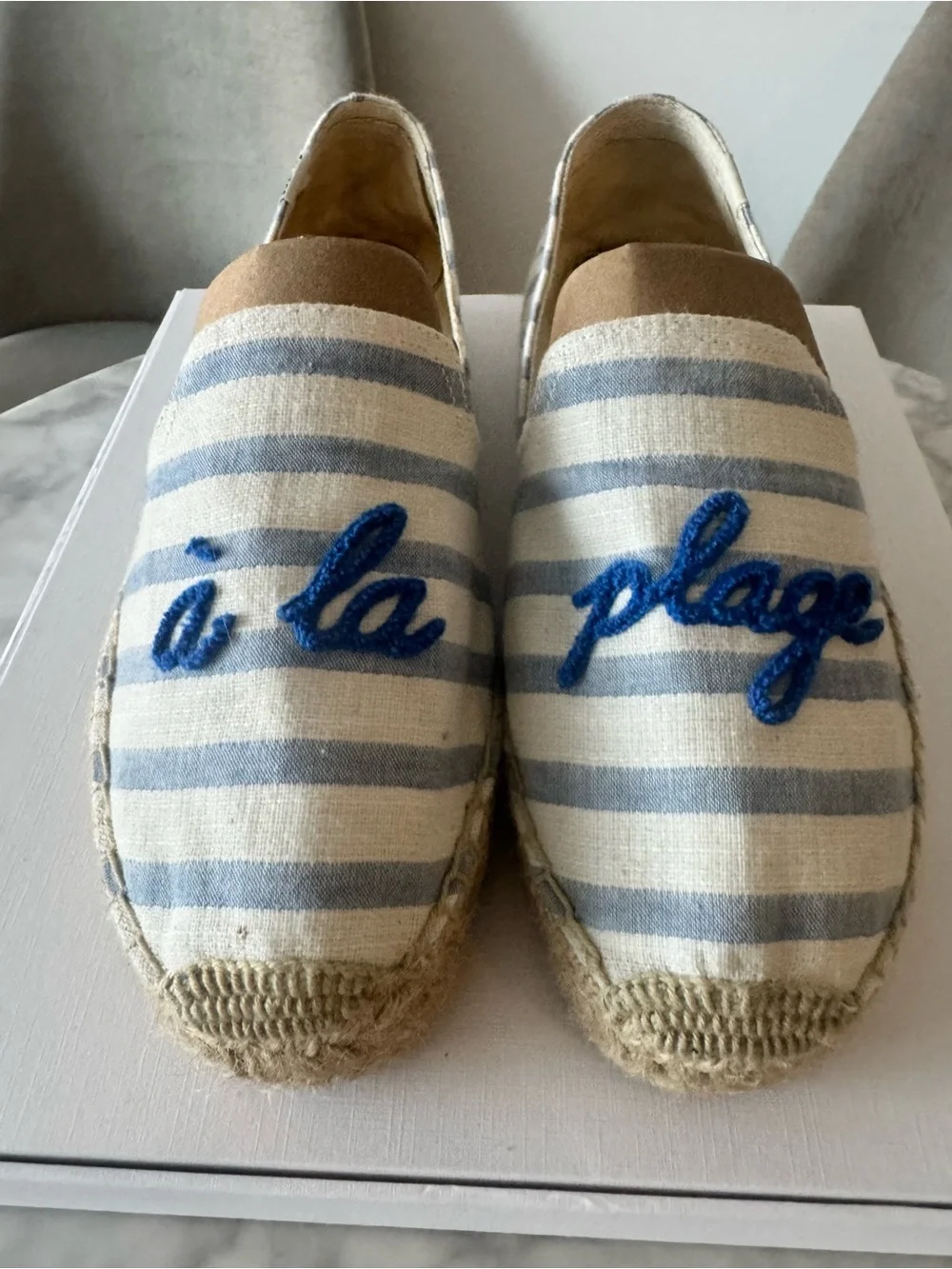 Soludos Striped Espadrilles with Blue Script Embroidery - Picture 2 of 5